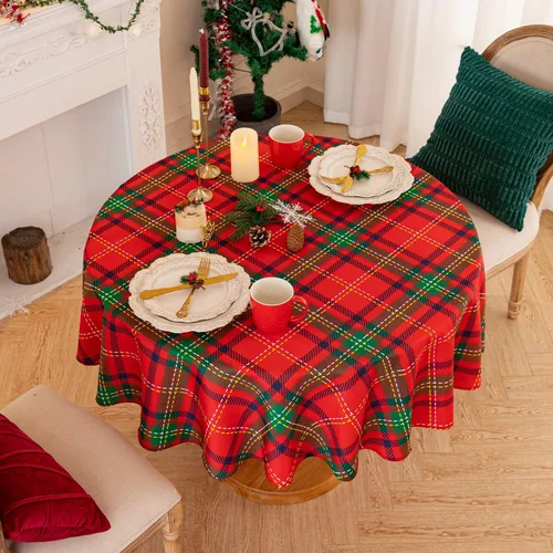 Vista 2 de Romanstile Mantel Redondo Navideño Rojo a Cuadros - 70 Pulgadas - Cubierta de Mesa a Cuadros Resistente al Agua y a las Manchas, Mantel de Poliéster