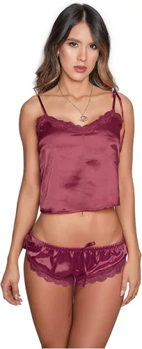 Vista 15 de Besame Babydoll - Conjunto de ropa de dormir de encaje de satén brillante para mujer Kimono negro