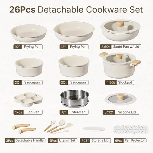 Vista 2 de CAROTE 26pcs Pots and Pans Set Non Stick, Cookware Set Detachable Handle