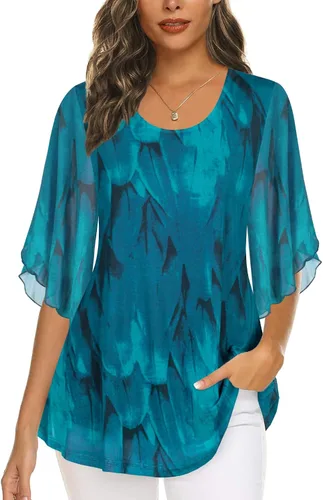Vista 2 de Ninedaily Blusas de manga 34 para mujer, estilo casual, de doble capa, de malla, tipo túnica