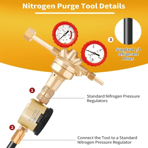 Vista 3 de WEIDOU - Herramienta de purga de nitrógeno amarilla mejorada para HVAC Modos de purga y frenado Regulador ajustable de 50-200 PSI Montaje