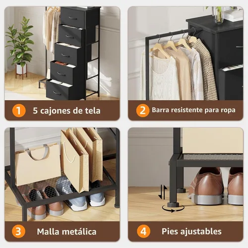 Vista 7 de Somdot - Cómoda con estante para colgar, 5 cajones, cómoda pequeña para dormitorio, cómoda reversible con estante para ropa, cómodas para niños