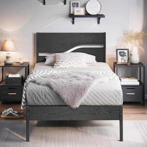 Vista 23 de VECELO Base de cama tamaño individual, plataforma de metal resistente con cabecera de madera, no necesita somier, color marrón antiguo