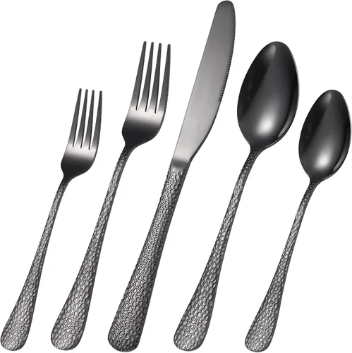 Vista 6 de Juego de 8 cubiertos martillados negros de acero inoxidable, vintage, 40 piezas, incluye cuchillo, tenedor, cuchara, peso adecuado para fiestas