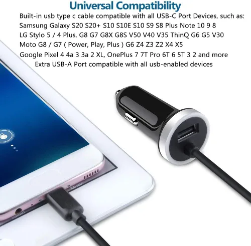 Vista 6 de Cargador de coche USB C, adaptador de coche de carga rápida de 3.4 A+cable tipo C de 3 pies para Samsung Galaxy S25 S24 S23 S22 S21 S20 S10 Note 20