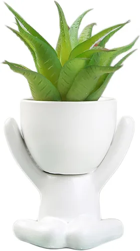 Vista 5 de DIYOMR Bonita maceta de cerámica humanoide, 4.3 pulgadas, muñeca blanca, pequeñas macetas de bonsái para suculentas, diseño creativo para decoración