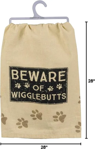 Vista 2 de Primitives by Kathy Toalla de platos de algodón – Beware of Wigglebutts Sentiment, diseño de perro, decoración de cocina/baño, paños de cocina