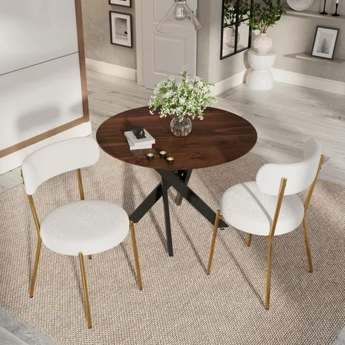 Vista 39 de Moderno juego de mesa de comedor redonda de 3 piezas, mesa de MDF circular negra y 2 sillas de comedor negras Boucle, muebles de cocina con marco