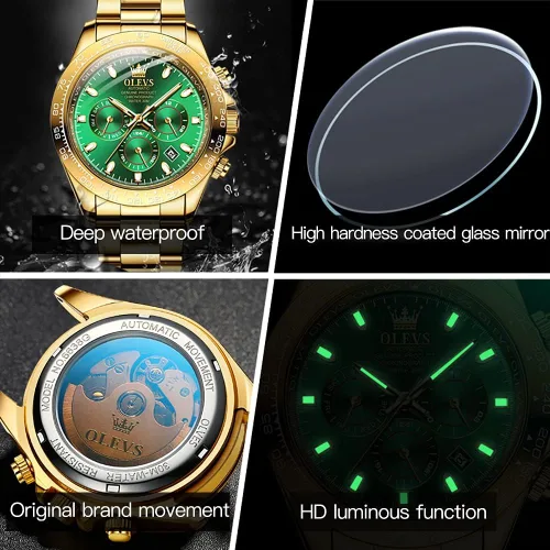Vista 5 de OLEVS Relojes de oro automáticos para hombres, de lujo, clásicos, de acero inoxidable, calendario, luminosos, impermeables, para hombres