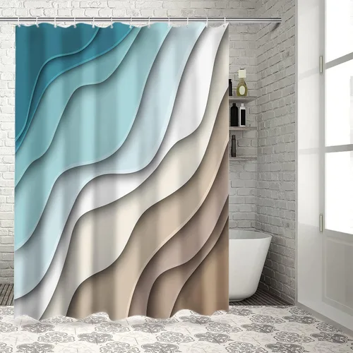Vista 5 de BestLives Cortinas de ducha verde azulado azul moderno geométrico cortina de baño marrón abstracto ola océano impermeable tela de poliéster cortina