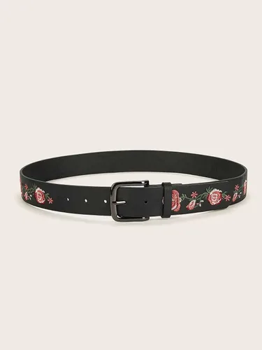 Vista 2 de WDIRARA Cinturón de metal con hebilla de cuero sintético bordado de flores para mujer