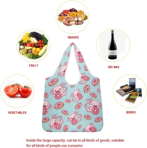 Vista 7 de Belidome Bolsa de comestibles con diseño de donas de ajolotl para compras, lavable, reutilizable, con bolsillo para asa