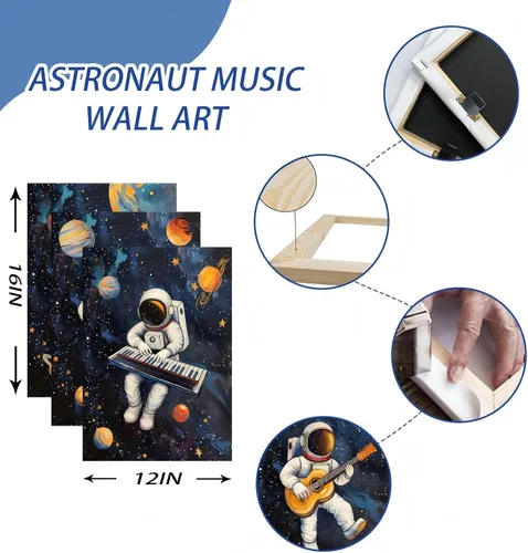 Vista 2 de 3 piezas de arte de pared de astronauta espacial musiic lienzo lindo astronauta músico decoración imágenes divertidas piano guitarra violín carteles