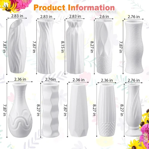 Vista 2 de Thyle 20 jarrones de plástico para flores, florero de plástico blanco con aspecto de cerámica, jarrones de plástico para centros de mesa, jarrones