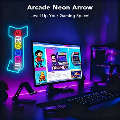 Vista 3 de Arcade - Letreros de neón con flecha de estilo retro con control remoto multifuncional para sala de juegos, luces de juego para decoración de pared