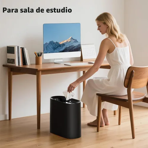 Vista 5 de SUBEKYU Basurero de 2.3 galones para baño, pequeño bote de basura de oficina para cocina, papelera rectangular delgada, plástico, negro