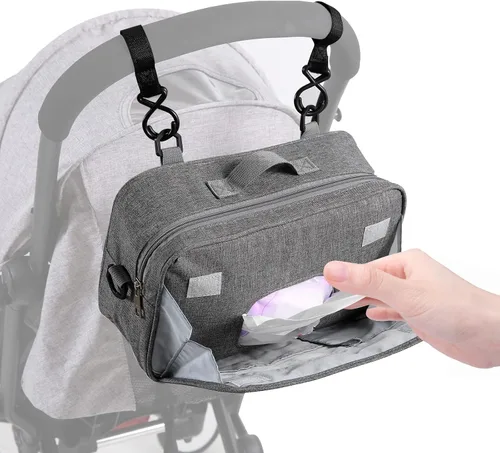 Vista 8 de TRENDPLAY Pequeña bolsa de pañales, organizador de cochecito pequeño con bolsillos para toallitas, consola para padres con correas de cochecito