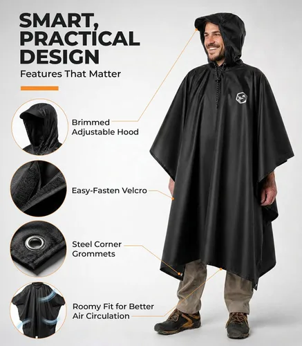 Vista 7 de Foxelli Poncho de lluvia para adultos – Chubasquero impermeable extra largo reutilizable con capucha, ligero para senderismo, campamento, al aire