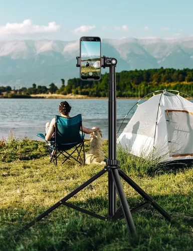 Vista 4 de Trípode extensible de aluminio para teléfono, soporte portátil para grabación de video, trípode de viaje para iPhone/teléfono celular/cámara de luz