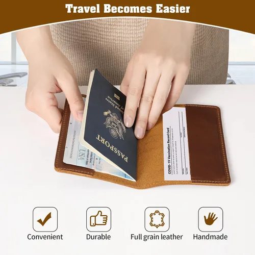 Vista 6 de Jack&Chris Funda de cuero para pasaporte, funda de viaje para hombres y mujeres, Marrón1, Casual