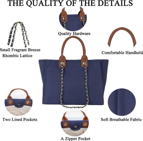 Vista 6 de BYMEE - Bolsa de lona para mujer, bolso de lona con cadenas extraíbles, bolsa de hombro, artículos esenciales diarios, bolsa de trabajo casual