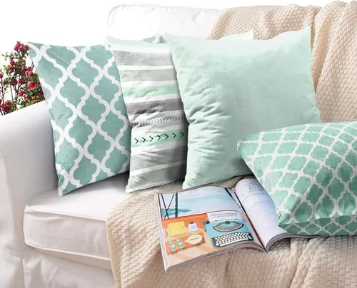 Vista 6 de Emvency Juego de 4 fundas de almohada de color menta, marroquí, verde, cuadrifolio, gris, acuarela, flechas, genéricas, sólidas, decorativas