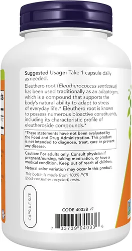 Vista 3 de NOW Suplementos, Eleuthero (Eleutherococcus senticosus) 500 mg, Hierba Adaptogénica*, 250 Cápsulas Vegetales
