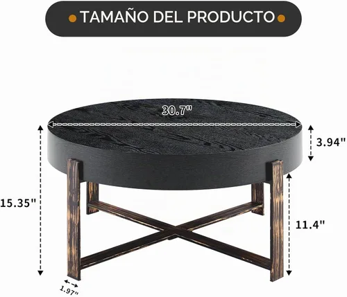 Vista 3 de Mesa de centro redonda de 30.7 pulgadas, mesas de centro modernas para sala de estar, mesa de té circular de madera con patas de metal