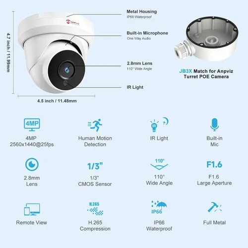 Vista 9 de Anpviz 4MP PoE IP torreta seguridad con cable cámara audio para interior al