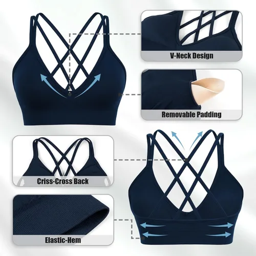 Vista 7 de Brasier deportivo para mujer, con cuello en V, tirantes cruzados, brasier de yoga acolchado, soporte medio, entrenamiento, gimnasio, atlético