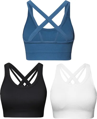Vista 9 de Sujetadores deportivos para mujer de alto apoyo, brasieres deportivos con espalda en cruz, tiras acolchadas y de alto impacto para mujeres con busto