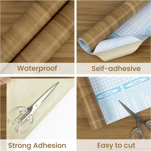 Vista 8 de Papel de contacto de grano de madera, autoadhesivo, color marrón claro 15.7’’ x 78.7’’Waterproof Vinyl Wrap for CabinetKitchen Countertop - Wall