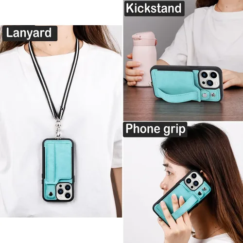 Vista 7 de TOOVREN Funda tipo cartera para iPhone 14 Pro Max con tarjetero y cordón para iPhone 14 Pro Max, funda con correa para cartera, soporte de cuero
