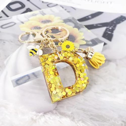 Vista 2 de LAXPICOL Llavero dorado de la letra A-Z para mujer, monedero, bolsos, miel, abeja, lentejuelas doradas, letras iniciales del alfabeto