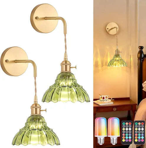 Vista 34 de Shenmoyl - Aplique de pared que funciona con pilas, lámparas de pared vintage recargables con pantalla de vidrio de lirio verde, lámpara de pared