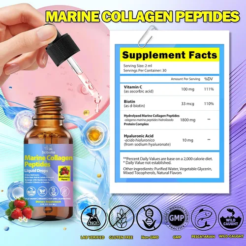 Vista 8 de Gotas líquidas de péptidos de colágeno marino, colágeno hidrolizado tipo I y III con ácido hialurónico biotina vitamina C para articulaciones, piel