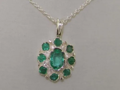 Vista 5 de Ladies Solid 925 Sterling Silver Natural Emerald Pendant Necklace with English Hallmarks