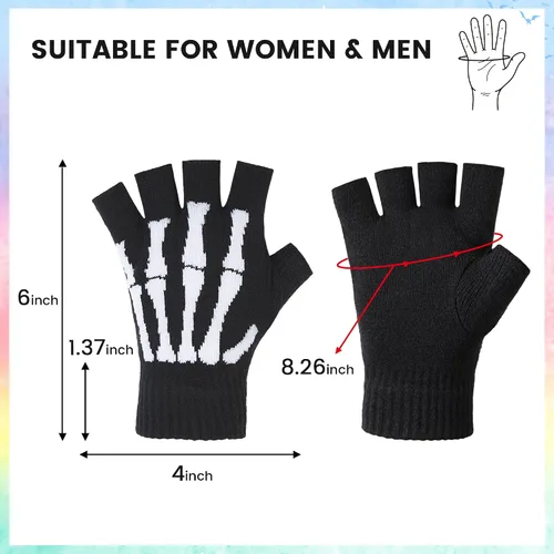 Vista 3 de Simplicity Guantes de esqueleto sin dedos para mujeres y hombres, guantes de calavera elásticos de punto