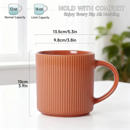 Vista 2 de MONITO - Juego de 4 tazas de café de 16 onzas, juego de tazas de café rústicas de cerámica con asa Vintage Striped Stoneware Large Coffee Mugs for
