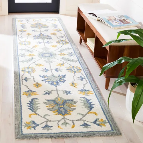 Vista 2 de SAFAVIEH Metro Collection - Alfombra de pasillo de 2 pies 3 pulgadas x 9 pies, marfil y azul, lana hecha a mano, ideal para zonas de alto tráfico