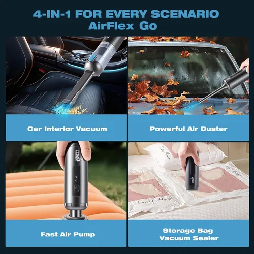 Vista 2 de HAUSMEISTER Airflex Go - Aspiradora inalámbrica para automóvil de 16000 Pa, aspiradora de mano 4 en 1 con plumero e inflador, mini aspiradora