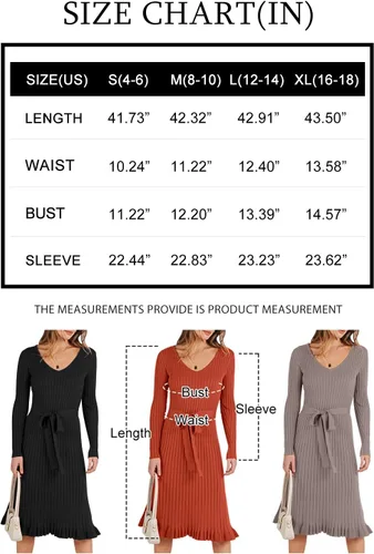 Vista 6 de ANRABESS Vestido tipo suéter de manga larga con cuello en V para mujer, plisado, ajustado, acanalado, de punto, con cinturón