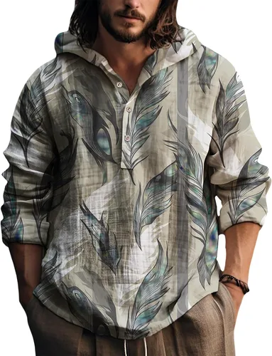 Vista 8 de Sudadera con capucha para hombre, con estampado de plumas, manga larga, 3 botones, a la moda, casual, para otoño, cómoda y suave