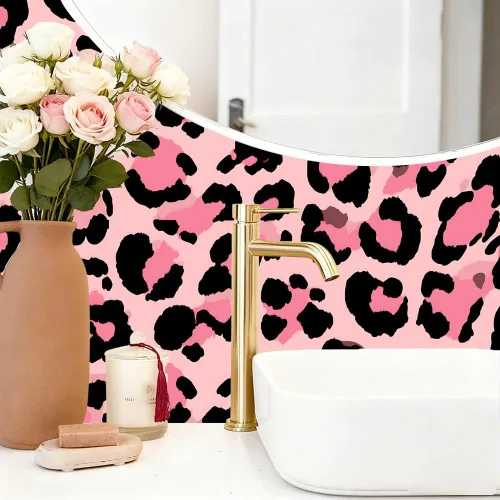Vista 6 de 1 papel pintado de leopardo rosa de 39.37 x 15.75 pulgadas, autoadhesivo de PVC, mural con estampado de animales para dormitorio, sala de estar