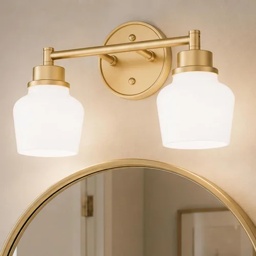 Vista 13 de Lámpara de tocador dorada Emak con pantalla de vidrio lechoso, accesorios modernos de iluminación de baño sobre espejo, 3 luces de tocador de baño