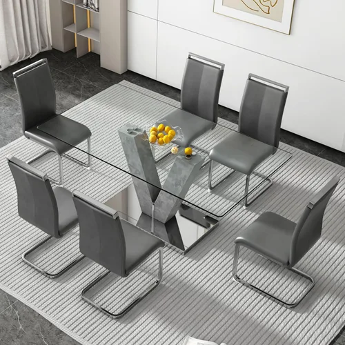 Vista 27 de Juego de mesa de comedor de cristal de 71 pulgadas para 4, juego de mesa de cocina moderno para 4, juego de mesa de comedor para el hogar