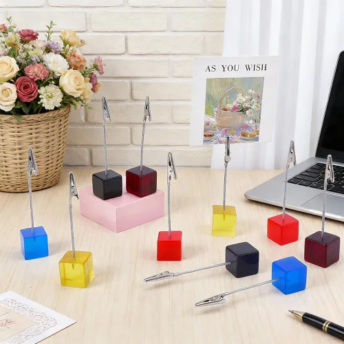 Vista 4 de FINGERINSPIRE 10Pcs Cube Base Memo Clip Holder with Alligator Clip 1x1x4.41inch Resin Name Card Holder 5 Colors Photo Memo Holders Place Card Stand