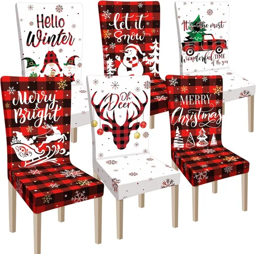 Vista 7 de Ganeen 6 piezas de fundas para sillas navideñas, funda para respaldo de silla de Navidad, funda elástica para asiento de Navidad lavable, protector