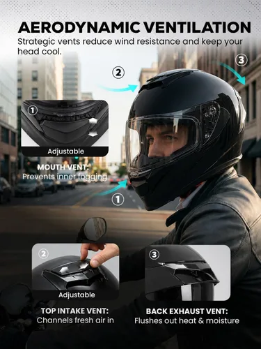 Vista 6 de XFMT Casco de motocicleta de cara completa, casco de doble visera para bicicleta de calle, ATV con protector solar interno para adultos, hombres