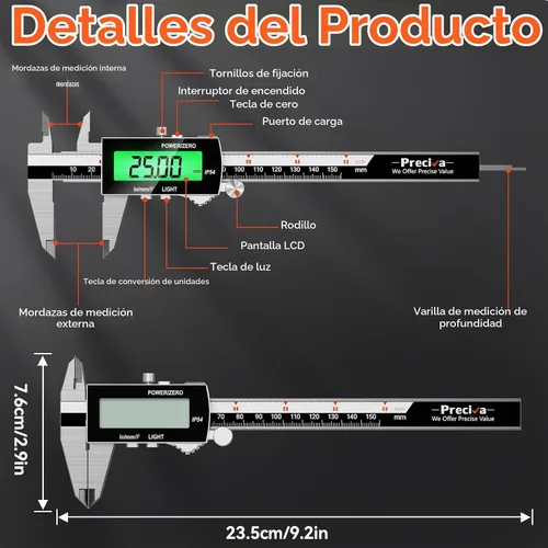 Vista 7 de Preciva Calibre digital de retroiluminación, micrómetro electrónico recargable impermeable IP54 de 6 pulgadas con pantalla LCD, conversiones